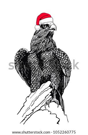 Graphical eagle in Santa Claus hat,vector illustration