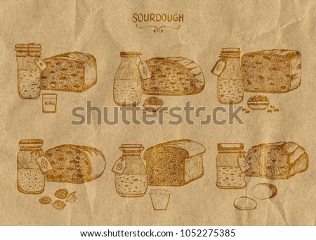 A set of six different types of bread sourdough. Painted in ink on kraft paper in vintage style. Healthy eating theme