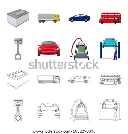 Car on lift, piston and pump cartoon,outline icons in set collection for design.Car maintenance station vector symbol stock illustration web.