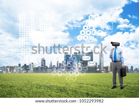 Elegant businessman outdoors with camera instead of head and media interface on screen