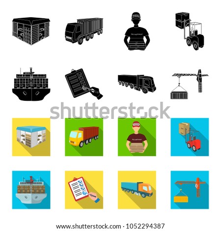 Sea freight, signature of delivery documents, truck, tower crane with a container. Logistics and delivery set collection icons in black,flet style isometric vector symbol stock illustration web.
