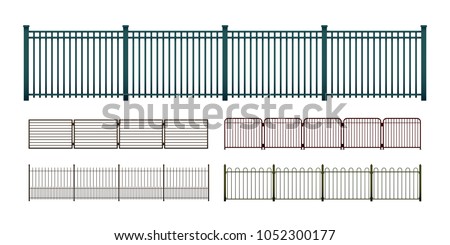 Painted metal fences isolated on white, vector set of various simple modular horizontally seamless fencing elements, a flat art illustration Royalty-Free Stock Photo #1052300177