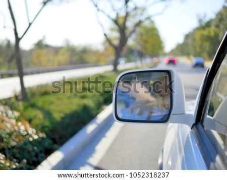 Driving on California roads near the coast with rear view mirror from car in frame.