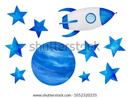 Collection of beautiful cosmic elements. Star shapes, planet illustration, rocket space ship. Stickers, print, children room decor. Hand drawn water color on white, cut out clip art.