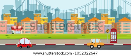 Scene with buildings and cars on road illustration