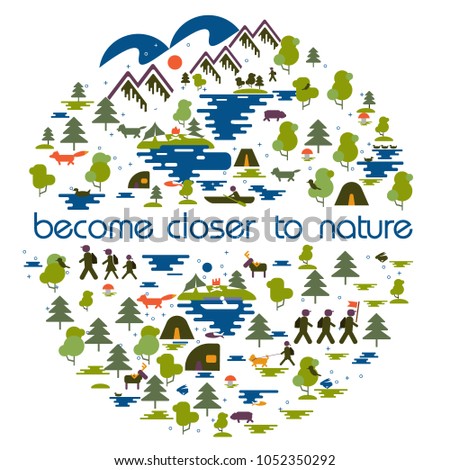 Icons of tourism in nature, the family goes on a hike, ecotourism, a fisherman in a boat, nature types: mountains, forest, meadow, coniferous forest, field, sea, lake. Group of tourists traveling
