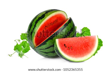 whole and slices watermelon with green leaves isolated on white background Royalty-Free Stock Photo #1052365355