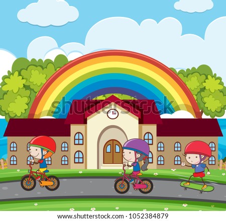 Three kids riding bike on the road illustration