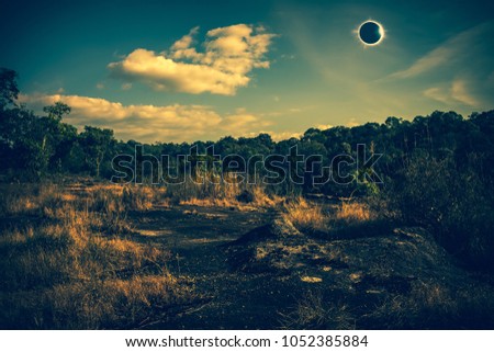 Amazing scientific natural phenomenon. The Moon covering the Sun. Total solar eclipse with diamond ring effect glowing on sky above wilderness area in forest. Serenity nature background.