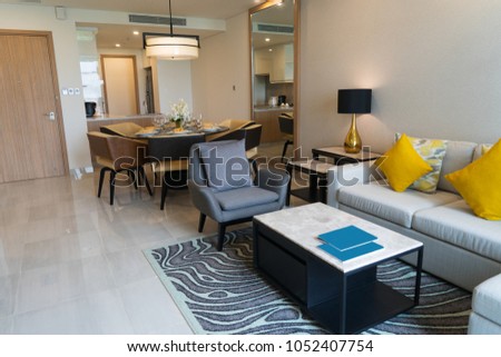 Luxurious furnished living room in studio flat. Modern home interior of studio apartment with combined kitchen and living room. Coziness concept Royalty-Free Stock Photo #1052407754