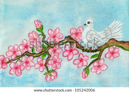 Hand painted picture, watercolours, in tradition of ancient Chinese art - white bird on branch with pink cherry flowers.