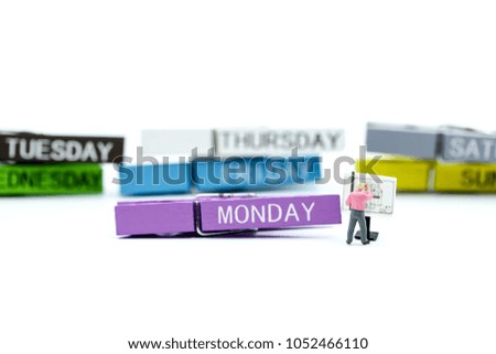 Miniature people : children and teacher with Colorful wooden pinch of list everyday.
