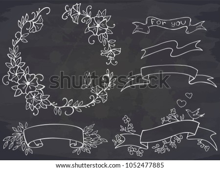Hand drawn floral wreath and ribbon with space for text on chalkboard. Vector illustration. Design elements for wedding, invitation, save the date, greeting cards, menu.