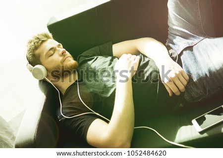 Listening to music on headphones, colorful