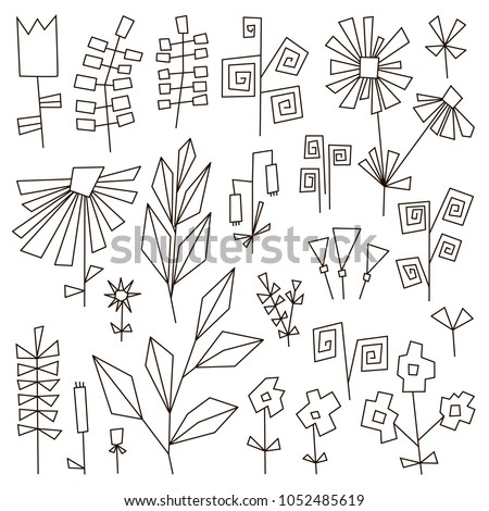 Set of hand-drawn leaves, flowers, and herbs. Original black and white floral elements. Natural illustration with geometrical plants for wallpaper, scrapbooking, wrapping paper