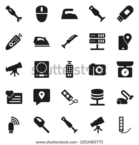 Flat vector icon set - iron vector, blender, telescope, heart monitor, traking, remote control, network server, usb modem, kitchen scales, vacuum cleaner, camera, mouse, multi socket