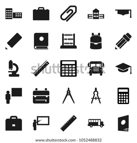 Flat vector icon set - graduate hat vector, pencil, school building, blackboard, ruler, drawing compass, case, backpack, bus, abacus, calculator, microscope, attachment, catalog