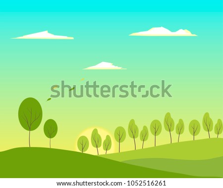 sunset over hills and tree vector nature flat style illustration