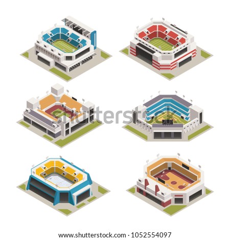 Worlds famous biggest sport competitions stadiums arenas and basketball court buildings isometric icons set isolated vector illustration 