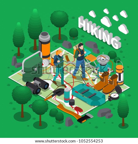 Camping and hiking isometric composition with outdoor activity and equipment symbols vector illustration