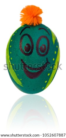 Easter eggs, hand-painted with smiling and terrified cartoon faces. Decorated eggs with funny colorful hairstyles put in a cardboard box, container for eggs. Figures on a white background
