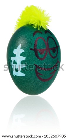Easter eggs, hand-painted with smiling and terrified cartoon faces. Decorated eggs with funny colorful hairstyles put in a cardboard box, container for eggs. Figures on a white background