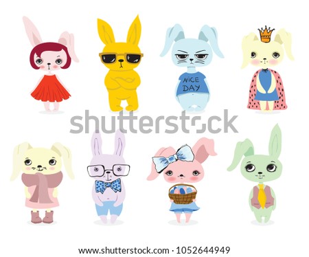 Cute rabbits doodle kid set. Hand drawn design of cute rabbits perfect for easter card, banners, stickers and other kid's things.