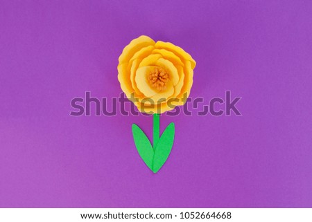 Handmade paper cut rose on violet background, isolated for design element, wedding invitation.