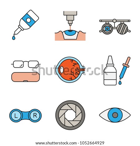 Ophtalmology color icons set. Eye drops and dropper, laser surgery, exam glasses, spectacles case, lens box, diaphragm, eyesight. Isolated raster illustrations