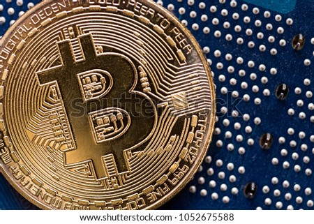Bitcoin blockchain  BTC concept. Golden Bitcoin coins as symbol of electronic virtual money