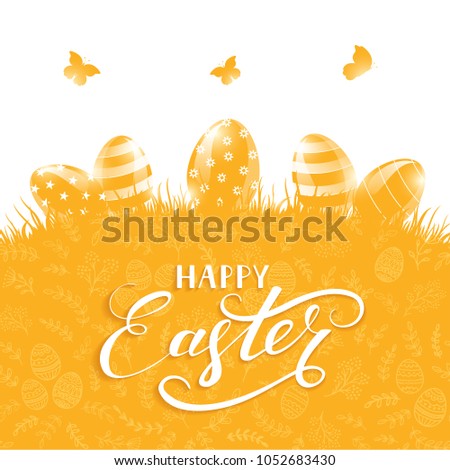 Orange background with Easter eggs in a grass and floral pattern. Holiday lettering Happy Easter, illustration.