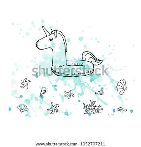 Vector illustration. Pen style drawn unicorn rubber ring on watercolor background. Fish, sea stars, shells and coral. Line vector objects. Element of print design.
