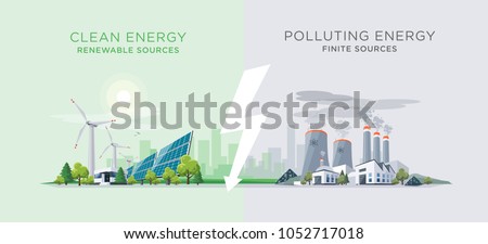 Vector illustration showing clean and polluting electricity generation production. Polluting fossil thermal coal and nuclear power plants versus clean solar panels and wind turbines renewable energy. Royalty-Free Stock Photo #1052717018