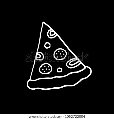 Cute cartoon hand drawn pizza drawing. Sweet vector black and white pizza drawing. Isolated monochrome doodle pizza drawing on black background.