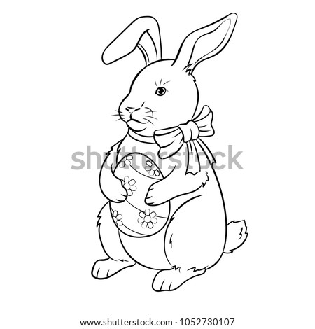 Easter bunny with egg coloring vector illustration. Isolated image on white background. Comic book style imitation.