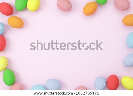 Table top view image shot of arrangement decoration Happy Easter holiday background concept.Flat lay colorful bunny eggs on modern rustic pink paper at home office desk.Copy space for creative design.