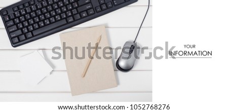 Notepad pen keyboard mouse from computer pattern on white wooden background isolation