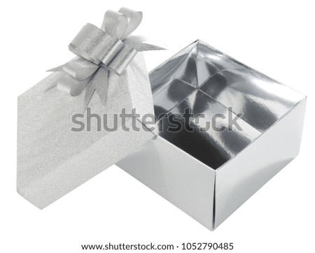 Open silver gift box isolated on white background top view