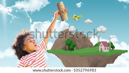 Digital composite of Happy child playing with plane by low poly cliff