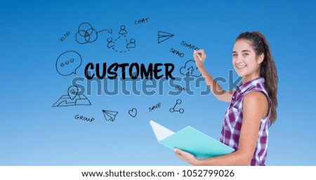 Digital composite of Businesswoman drawing icons by customer text on screen