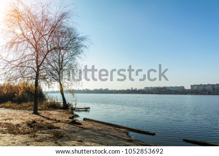 Beach near a wide river on a sunny autumn day. Multi-storey buildings across the river. Cityscape and skyline in a clear blue sky on the view from the river