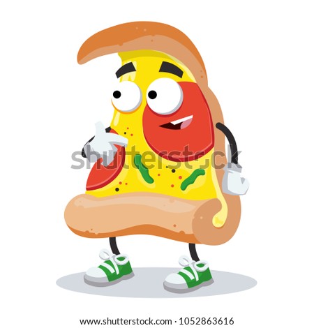 cartoon piece of pizza mascot showing himself on a white background