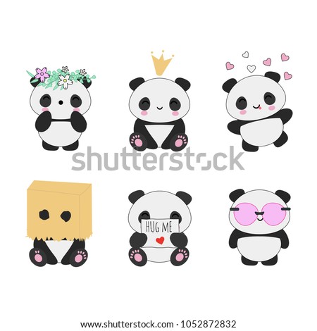 Set of 6 cute vector kawaii oanda bears, perfect for stickers, patches, etc. Royalty-Free Stock Photo #1052872832