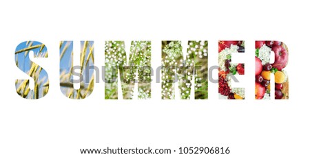 Word "summer" made of letters with flowers, fruits and blue sky isolated on white background