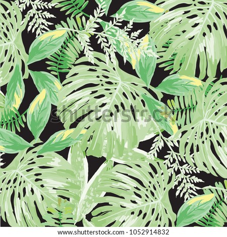 Fashionable seamless tropical pattern. Beautiful exotic plants. Trendy summer Hawaii print. Colorful stylish floral. Summer beach floral design. Paradise nature on a black background.