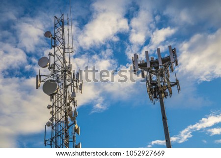 Airport radio radar tower communication technology safety blue sky clouds looking up flying waves signal