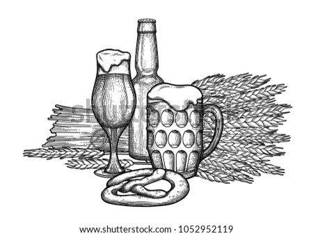 Two graphic glasses of beer, bottle, malt bunch and pretzels. Vintage vector oktoberfest art drawn in engraving technique. Coloring book page design