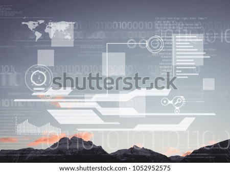 Digital composite of White interface against mountain tops and sky