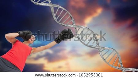 Digital composite of woman boxing with silver DNA chain. Sky background
