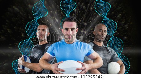 Digital composite of rugby players with blue dna chains. Black with lights background